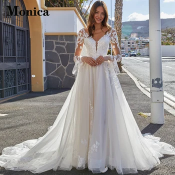 MONICA Дълъг ръкав модерен тюл v-образно деколте атрактивни сватбени рокли за Mariages цветен печат персонализирана роба De Soirée de Mariage