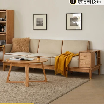 диван Прост дъб триместен изкуствена кожа за съхранение диван Nordic малък апартамент хол мебели
