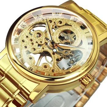 ПОБЕДИТЕЛ Военен часовник Мъже Автоматичен механичен скелет Мъжки часовници Топ марка луксозна каишка от неръждаема стомана мода китка часовник