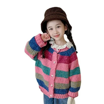 Момичета плетено яке шарени модел палто за момичета пролет есен детски пуловер случайни стил детски дрехи