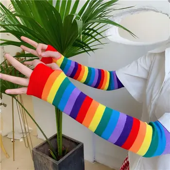 Rainbow цветна ивица дълга ръка топло плета ръкавици без пръсти с палеца дупка празнично парти костюм за жени момичета