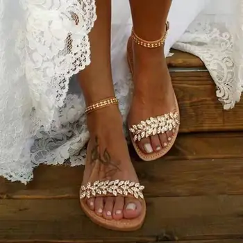 Летни плоски сандали жени бохемски стил обувки случайни 2023 плаж сватбени сандали обувки плюс размер кристал отворен пръст