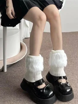 японски Лолита сладко момиче крак топло плетени чорапи изкуствена кожа пачуърк трикотажни крак покритие жени есен зима къси чорапи