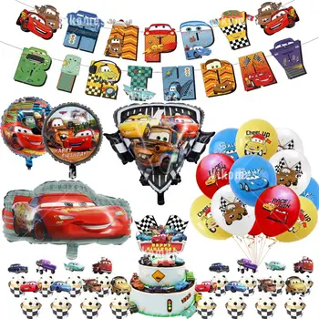 Автомобили Балони Светкавица Маккуин парти декорация Честит рожден ден банер Pixar прибори за хранене фон състезателна кола торта Topper момчета играчка