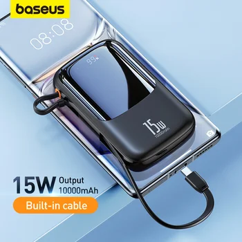Baseus Power Bank 10000mAh вграден тип C кабел 3A 15W Powerbank зарядно за телефон цифров дисплей Poverbank мини преносимо зарядно устройство