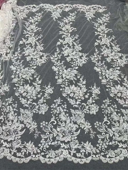 Бели 3D цветя мъниста пайети бродирани дантела плат сватбена рокля блестящ булката плат
