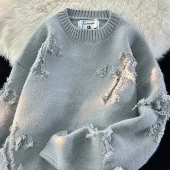 2023 Есен и y2k Улично облекло Мъже Нова ретро дупка ресни пуловер хлабав универсален пуловер за мъже и жени дълъг ръкав пуловер