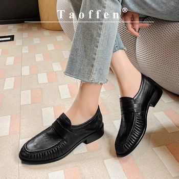 Taoffen Ежедневни мокасини Жени естествена кожа блок токчета Оксфорд жени обувки нагънат приплъзване на случайни работни обувки офис дама обувки