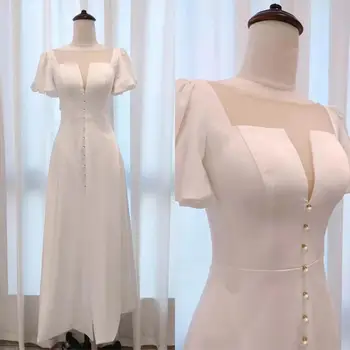 14460# VAN елегантен реколта бял сатен v-образно деколте перли бутон официална вечерна рокля сватбена рокля булчинска рокля 100% реална картина