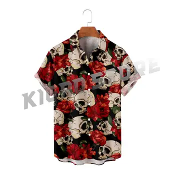 Casual Мъжка хавайска риза за жени Готика роза скелет 3D отпечатани Hombre мода случайни плаж извънгабаритни дрехи