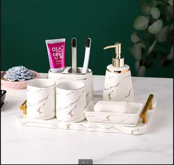 Имитация на мрамор Комплект за баня Луксозен керамичен комплект за вода за уста Кутия за памучен тампон Начало Аксесоари за баня Комплект дозатор за сапун