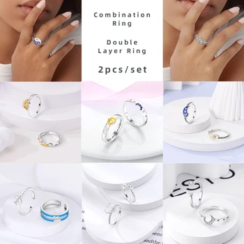 2бр/комплект Комбиниран пръстен за жени 925 Сребърен оригинален паве CZ звезда луна слънчогледово сърце двуслойни пръстени пръст бижута