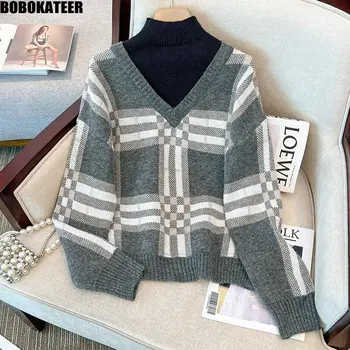 BOBOKATEER пуловер жена пуловери плета дълъг ръкав върховете реколта карирани пуловери дамско облекло поло джъмпер зима 2023