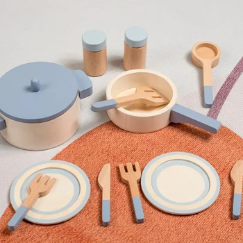 Дървени мини кухненски играчки Съдове за готвене Pot Pan Cook Pretend Play Образователна къща Играчки за деца Симулация Кухненски прибори Момиче