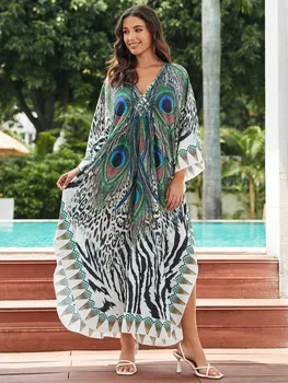 Бохемски шик печат дълъг ръкав хлабав Кафтан рокля плажно облекло покриване жени 2023 лято/есен секси бански покривала Q1588