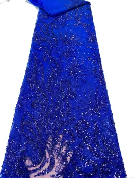 В продажба Кралско синьо цвят бродирани тюл ръчно изработени пайети мрежа дантела мъниста френски парти вечерна рокля сватба окото плат DIY