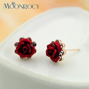 MOONROCY цирконий розово злато цвят модерен обеци модерен цвете роза модни бижута червено лилаво зелено синьо за жени