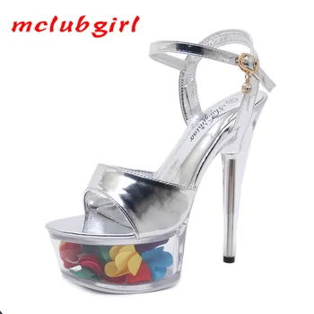 Mclubgirl 2020 Модели Секси супер 15CM сандали на платформа Прозрачни кристални обувки Сватбени обувки Вечерни LFD на висок ток