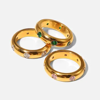 Женски висококачествени зелени/розови/бели камъни сватбен пръстен златен цвят от неръждаема стомана годежна лента подарък за любовник