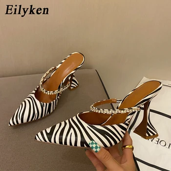 Eilyken Summer Fashion Crystal Chain Zebra Crossing Дамски помпи Сандали Секси плитки заострени пръсти високи токчета парти обувки