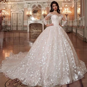 robe de mariee princesse de luxe лъскав мъниста кристал талия дълъг ръкав дантела топка рокля сватбени рокли