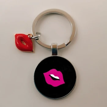 Целуни червените си устни време кабошон висулка висулка метална стъклена топка ключодържател двойка бижута ключодържател