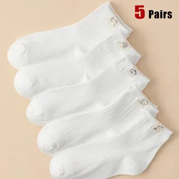 5 чифта сладък ниска тръба чорапи жените плътен цвят пролет есента мода чисто бял комплект висококачествени удобни Kawaii глезена чорапи