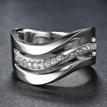 Huitan мода договорени офис дама пръст пръстени сребърен цвят вълна форма блясък CZ камък прост ежедневно износване страна жени бижута