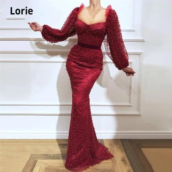 LORIE Елегантни дълги ръкави Бургундски вечерни рокли за знаменитости Русалка 2021 с перли Саудитска Арабия Дубай Секси Официална абитуриентска рокля