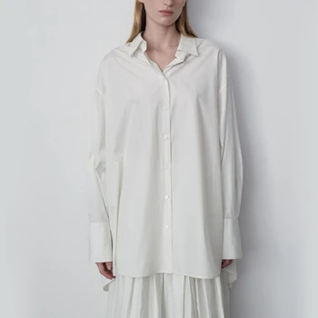 Жените Turn-down яка памук бял дълъг ръкав риза 2023 есен нови дами Commuter хлабав еднореден блуза отгоре