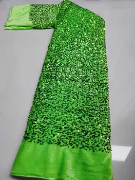 Луксозна африканска кадифена дантелена тъкан Висококачествена швейцарска дантелена бродерия 3D зелена мрежа от пайети 5 ярда пришита парти сватбена рокля
