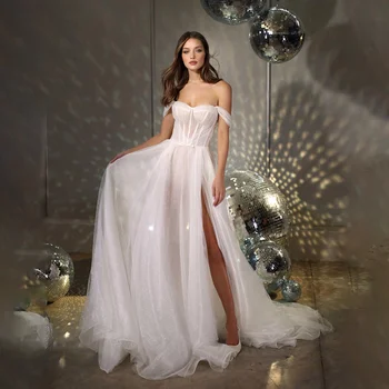 Елегантна и шикозна сватбена рокля с блестящи пайети и течаща влакова булчинска рокля vestidos para mujer