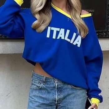 2023 Нова Y2k тениска Жени Italia печат отгоре женски случайни ретро стил жени студенти вземат синьо дълъг ръкав тениска тениска
