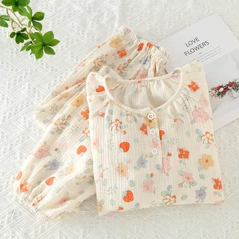 Пролетна и есенна пижама чист памук дамски панталони с дълъг ръкав около врата хлабав домашно облекло бебе памук корейски издание спално облекло