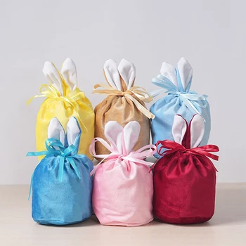 1Pc Сладка великденска декорация Зайче заешки уши кадифе подарък кутия сватба бонбони кутия плътен цвят шнур чанта за съхранение парти доставки