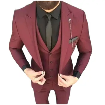 Костюм Homme Wine Red Slim Fit Men Suits Сватба Абитуриентски бал Младоженец Смокинги Terno Masculino 3 части Blazer (яке + панталон + жилетка)