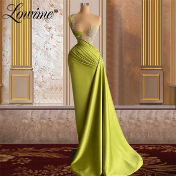 Lowime Green Party Dresses 2022 Ново пристигане Beaded Illusion Дълга абитуриентска рокля Арабски жени вечерни рокли Секси рокли на знаменитости