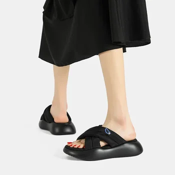 Дамски летни модни кръст каишка дебела подметка повишена хляб слайд чехли