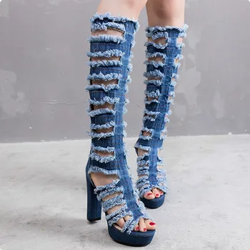 Дамски обувки Гладиаторска дупка дънкови ботуши над коляното високи токчета платформа Peep Toe цип Секси дамски сандали zapatos de mujer N63W