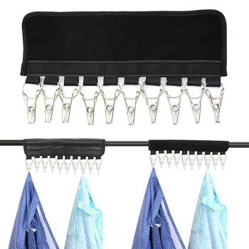 Преносими закачалки за пътуване с 10 клипове Мрежеста тъкан държач за дрехи Багажник за баня Сгъваеми шапки Чорапи Кърпа Сушене на дрехи Клипове