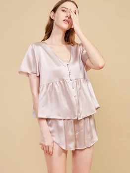 Хангжу коприна 100% черница коприна пижами къс ръкав шорти пролет пижама есен домашно облекло секси дамски розово
