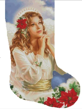 Отглеждане на коледен ангел с цветя Ръкоделие Кръстат бод комплекти Най-високо качество18CT 16CT 14CT Неотпечатана бродерия DIY ръчна изработка