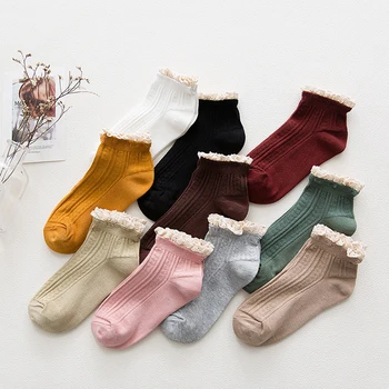 FFashion дантелени къдри меки памучни дамски чорапи плътен цвят пролет лято сладък сладък сладък принцеса момиче уютен прекрасен frilled чорапи
