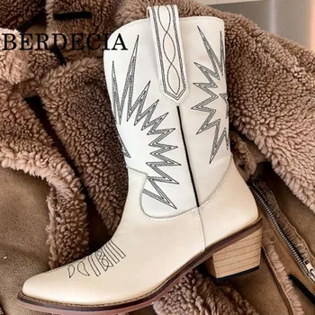 Бродерия Дамски истински кожени токчета каубойски глезена ботуши есенна мода заострени пръстите на краката петата лодка жена елегантен фиш на дамски обувки