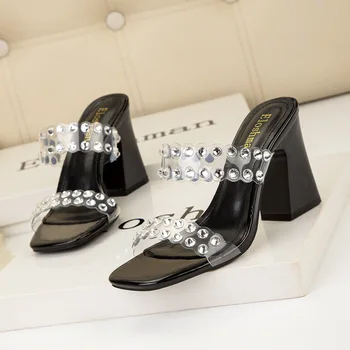 Нови жени модерни сандали летни дами мода кристал лента случайни високи токчета обувки парти 8 см токчета лъскави сандали