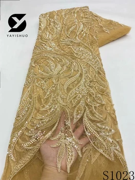 YYS-луксозен африкански пайети формован младоженец дантелен плат, висококачествена бродерия, френски мрежест тюл, парти рокля, S1023, 2024