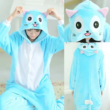 HKSNG Зимна карикатура за възрастни Животно Kigurumi Happy Cat Onesies Синя пижама Фланела Хелоуин Косплей костюм Гащеризон