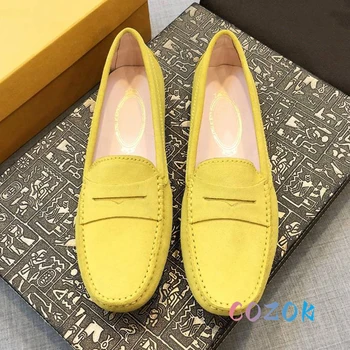 Прост жълт велур кръг пръсти плоски мокасини истинска кожа двойка обувки дамски и мъжки обувки за ходене през целия сезон ежедневни обувки