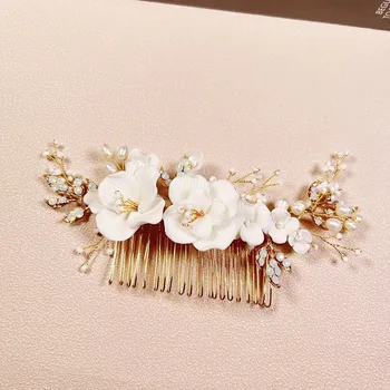Златен цвят естествени перлени гребени за коса Жените главата бижута аксесоари орнамент диадема керамични цвете кристал листа