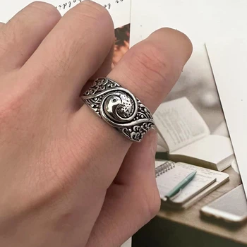 Тай Чи Древен сребърен пръстен Тайландски сребърен пръстен Фън Шен Шуй Ци трансферен пръстен Ин Ян Даоистки пръстен Модни бижута